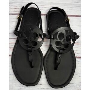 Coach Jaci Logo T-strap Flat Sandals Slingback Women's 8.5B Black Leather C2924